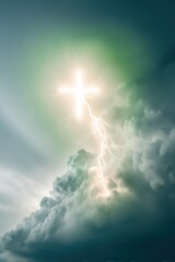 A celestial cross shines brightly amidst swirling storm clouds as lightning strikes, illuminating the heavens in a powerful display of faith and nature's energy.