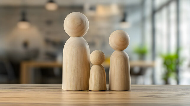 Wooden dolls placed on the table represent the family.