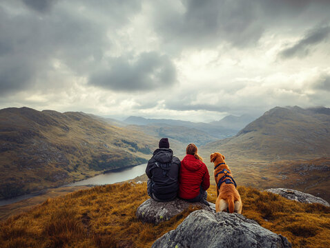 A couple and their dog enjoy the view of rolling hills on a cloudy day.
