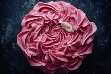 Exquisitely decorated round cake with swirls of pink frosting.