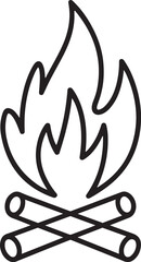 Bonfire flames captured in clean black and white vector sketch with continuous lines evoking outdoors warmth night gatherings and cozy natural ambiance
