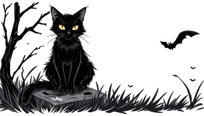 A black cat with glowing eyes sitting on a gravestone on a white background.