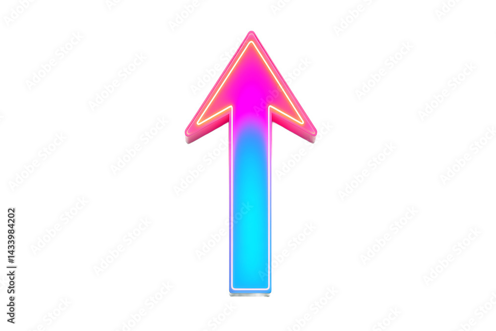 Aufkleber a vibrant neon arrow pointing upwards against a stark black background in a digital rendering style