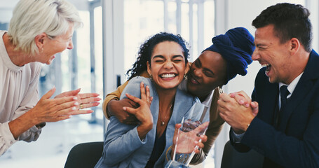 Applause, support and award with business people in meeting for trophy, achievement and deal. Promotion, congratulations and celebration with group of employees in office for profit, bonus or success