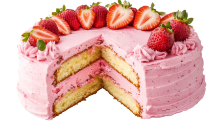 A Slice of Layered Cream Cake Topped With Strawberry In Ceramic Plate On Counter Surface, Pink Background. Natural Light, Minimal Exterior Courtyard Patio Composition.