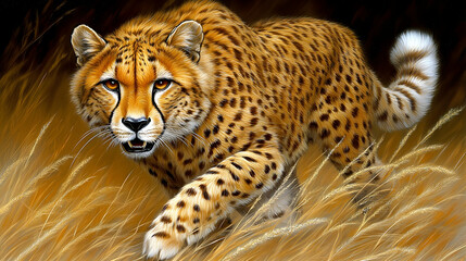 Fototapeta premium Majestic cheetah in tall golden grass, powerfully moving.