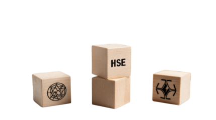 Safety and Environment: Wooden blocks illustrate the concept of HSE and its integration, reflecting a commitment to a safe and sustainable environment.