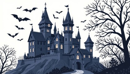Obraz premium A haunted castle with bats flying around, set on a white background.
