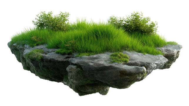 Floating Island Oasis: A lush, green island floats serenely in mid-air, showcasing vibrant grass, and small shrubs atop a rocky base. It evokes a sense of fantasy and wonder. 