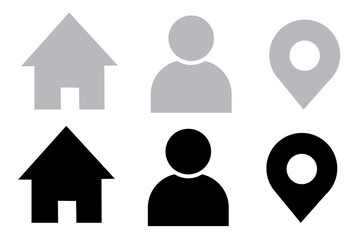 Black and Gray Icon Set Featuring House, Person, and Location Symbols