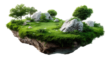 Floating Island Oasis: An idyllic scene of a vibrant, floating island, where lush greenery meets rugged stone and tranquil trees in a scene of ethereal beauty. A place of harmony and serenity.