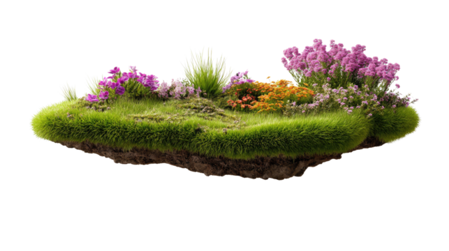 Blooming Meadow: A miniature floating island of vibrant flora bursts with life, featuring an array of wildflowers and lush grass against a backdrop of a floating land