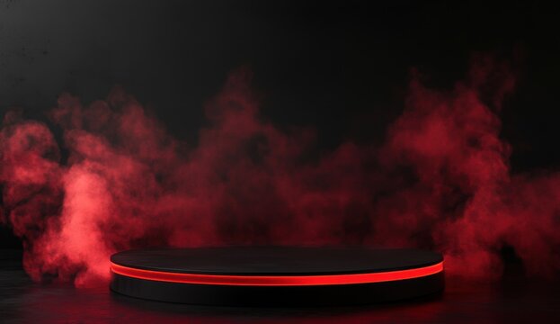 A black circular platform with a red neon light ring in front of a red smoke background
