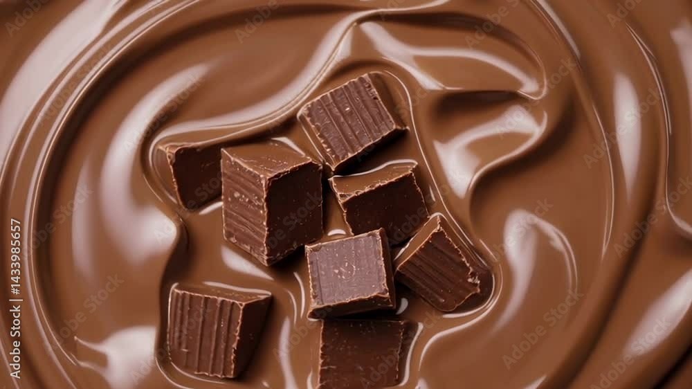 Aufkleber Small chocolate chunks are falling and splashing into a pool of melted chocolate, creating ripples and waves in the smooth surface, suggesting a concept of nutrition and diet