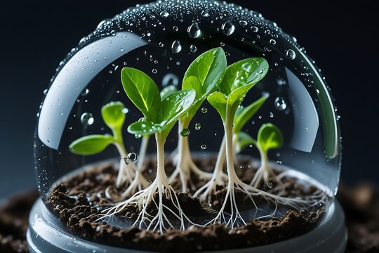 Macro photography, young seedlings, water droplets, surface tension, transparent dome, vibrant green leaves, dark background, high contrast, moisture, growth, nature detail, scientific imagery, hydrop