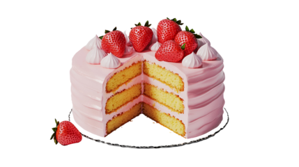 A Slice of Layered Cream Cake Topped With Strawberry In Ceramic Plate On Counter Surface, Pink Background. Natural Light, Minimal Exterior Courtyard Patio Composition.