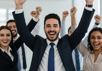 Joyful business team celebrating success with raised arms and big smiles