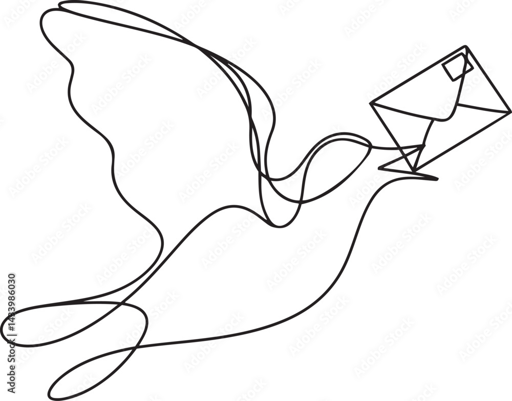 Poster flying bird holding envelope in beak with wings spread in continuous line style black and white sket