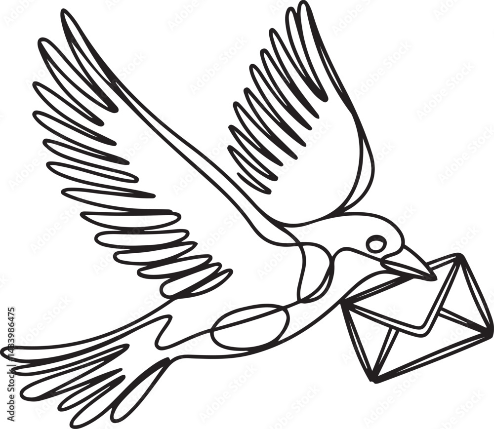 Poster minimalist continuous line bird holding envelope in beak drawn in black and white expressing motion 