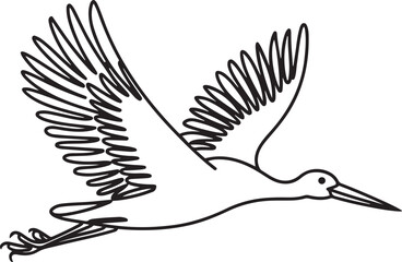 Fototapeta premium Black and white minimalist stork flying in the sky represented in simple continuous line art style expressing migration flight and graceful bird motion
