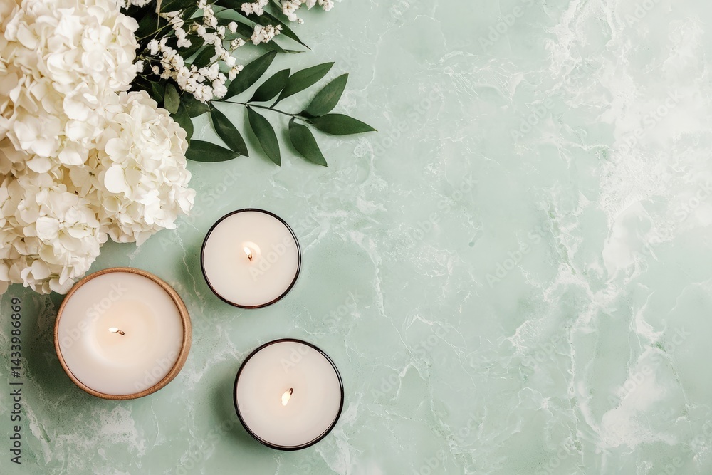 Poster burning candles and white flowers creating relaxing atmosphere on marble table
