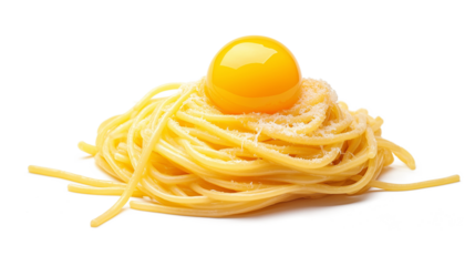 A yellow egg sits on top of a plate of pasta