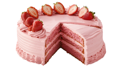A Slice of Layered Cream Cake Topped With Strawberry In Ceramic Plate On Counter Surface, Pink Background. Natural Light, Minimal Exterior Courtyard Patio Composition.