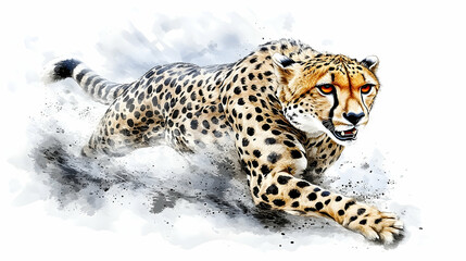 Naklejka premium A powerful cheetah in motion against a cloudy backdrop.