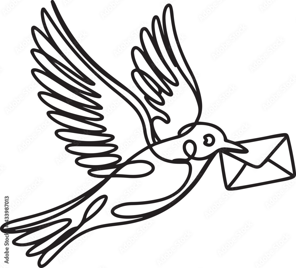 Poster minimal black and white bird with envelope in beak in mid flight drawn in continuous line art emphas