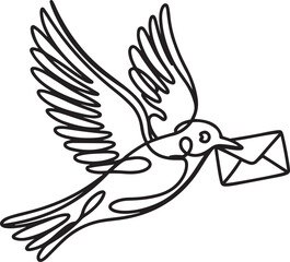 Minimal black and white bird with envelope in beak in mid flight drawn in continuous line art emphasizing messenger symbolism and graceful movement