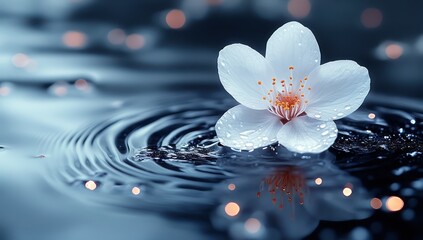 Cherry blossom floating on water.