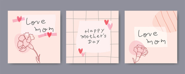 Hand drawn vector Mother's Day cards with handwritten text and playful collage designs.
