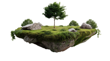 Floating Island of Nature: A captivating view showcases a verdant floating island. The scene is dominated by a single, lush tree, surrounded by stones and moss-covered landscape.