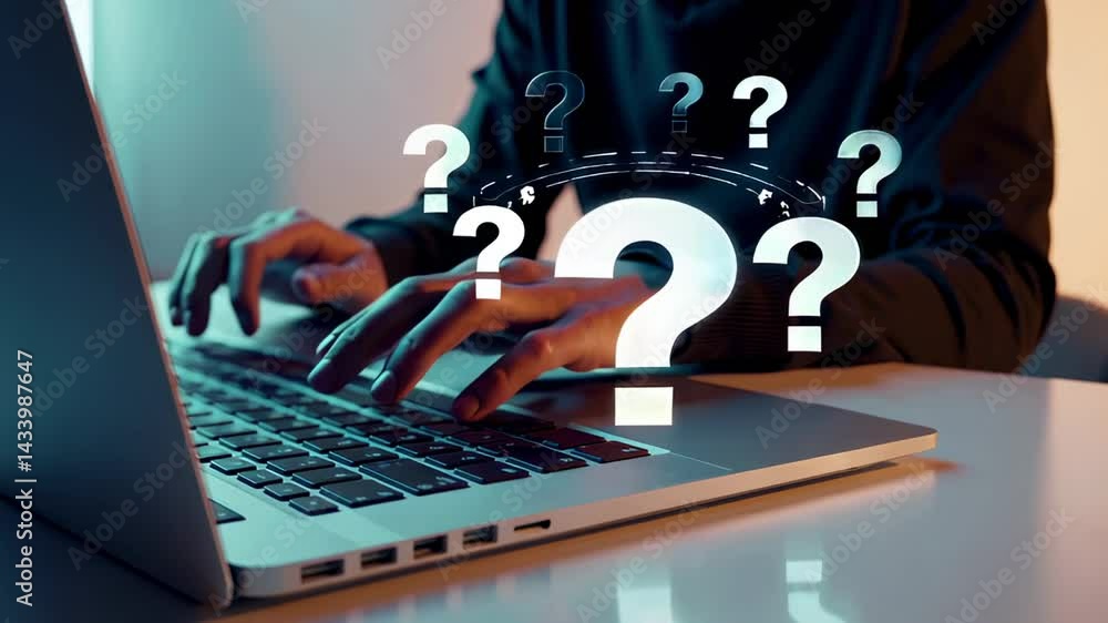 Aufkleber Question marks appearing above laptop keyboard while programmer is typing, suggesting confusion, decision making, or problem solving process
