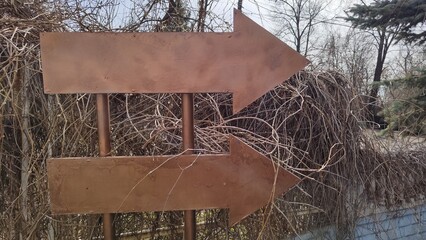 Two brown metal pointer arrows. Empty pointer against background of dry branches