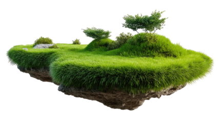 Floating Island Landscape: A serene miniature island, abundant with vibrant green grass and lush shrubbery, floats gently in a picturesque dreamscape, creating a unique and whimsical scene.