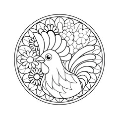 Rooster and floral design in circular frame ready to be colored intricate pattern rooster mandala artwork