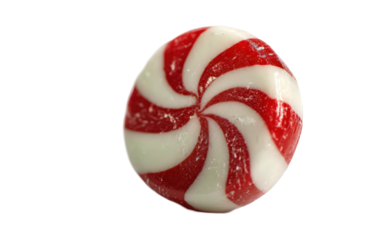 Delicious red and white swirled peppermint candy sweet food hard treat on transparent background