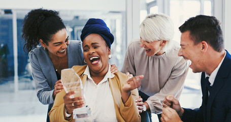 Business people, celebration and woman with cheering, award and applause for success. Achievement, reward ceremony and person with promotion, smile and goals with thank you, congrats and happiness