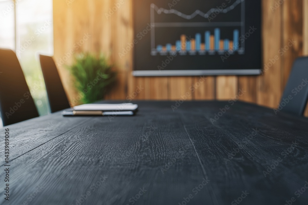 Poster empty black table in focus with blurred business meeting in background