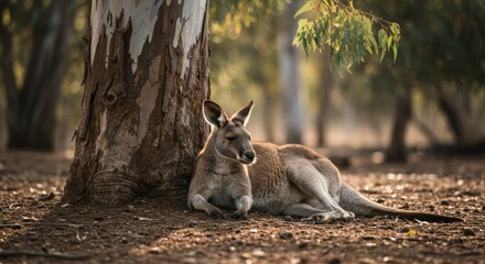 Obraz premium Australian kangaroo seeks refuge from the sun under a eucalyptus tree