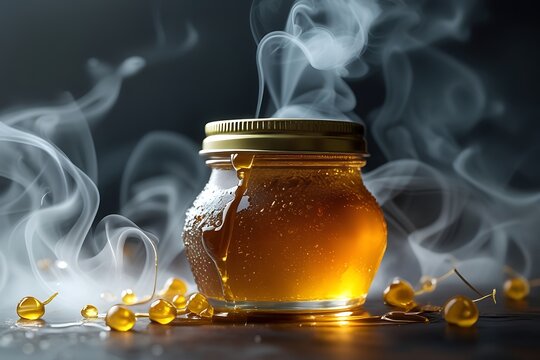 Glass jar with honey and smoke on a dark background