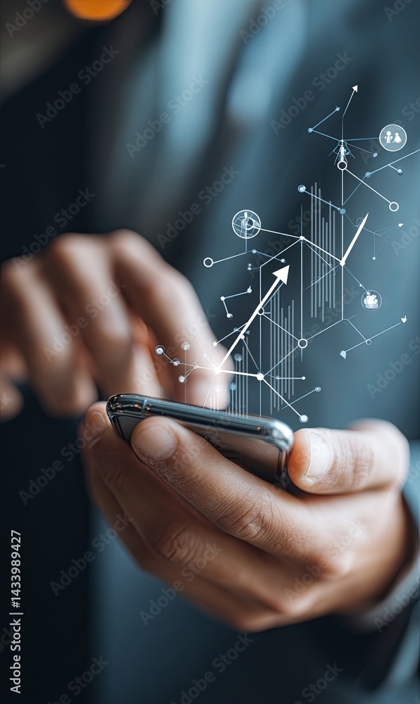 Poster business professional interacting with smartphone displaying data analytics