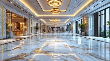Luxurious hotel corridor with marble floors and golden accents