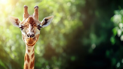 Obraz premium Graceful Giraffe Portrait: A majestic giraffe with its iconic patterned coat and long neck gazes towards the viewer with a serene expression.