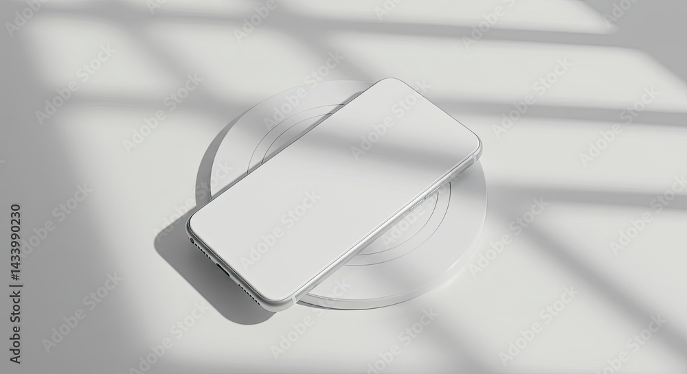Poster minimalistic white smartphone mockup on a white circular platform with shadows creating a clean and 