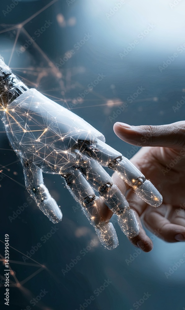 Poster connecting human and robot hands in a futuristic setting