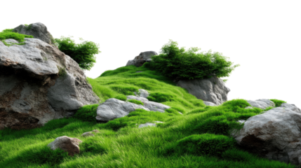 Rocky Hilltop with Lush Moss: A vibrant green moss carpet blankets a rocky hilltop, creating a tranquil scene with rocks of various sizes adding texture and depth.
