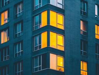 Obraz premium Modern Apartment Building at Night with Warmly Lit Windows
