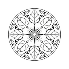 Circular flower mandala design black and white illustration with leaves and berries for coloring pages